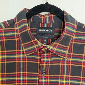 Bonobos Black Plaid Flannel Shirt with Red, Orange & Yellow Accents